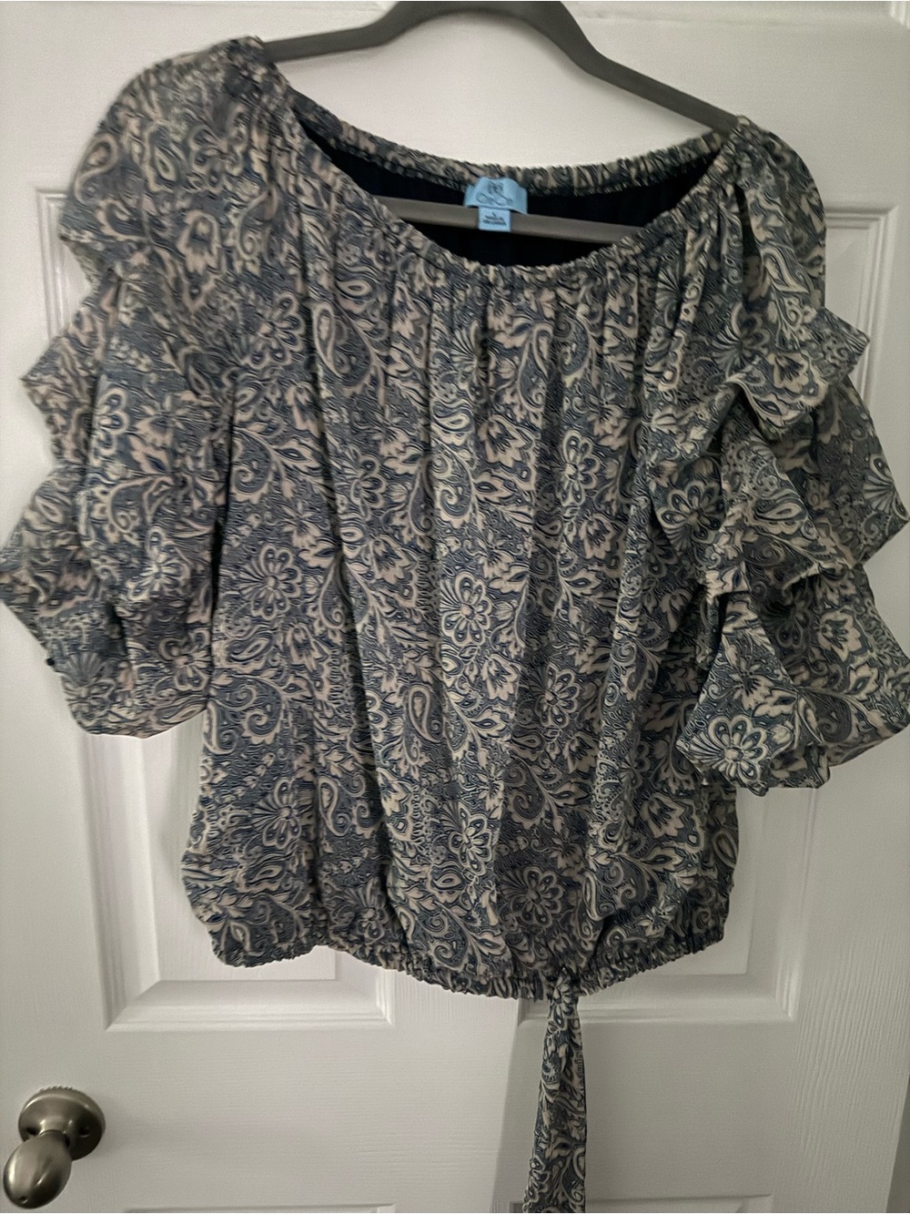Blue Paisley Off-Shoulder Ruffle Tie-Hem Blouse by Sonoma